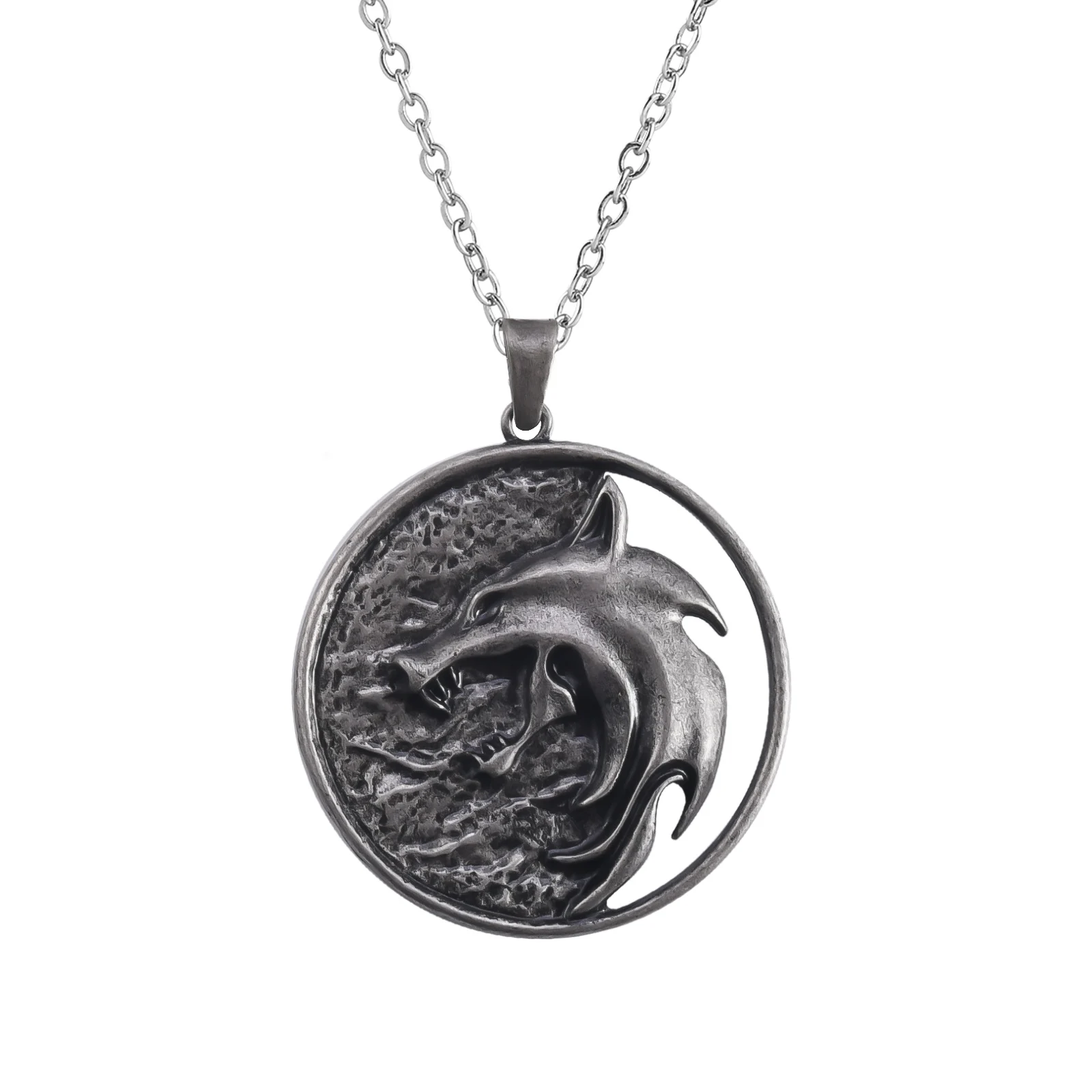 

Best Game Wizard 3 Wolf Head Necklace Name Necklace Pendants Punk Jewelry Party Medallion Wolf Round Necklace Long Men Gift