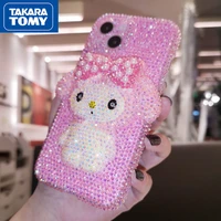 takara tomy hello kitty for iphone13 13 pro 13 pro max rhinestone cartoon case for iphone 12 12 promax phone accessories cover