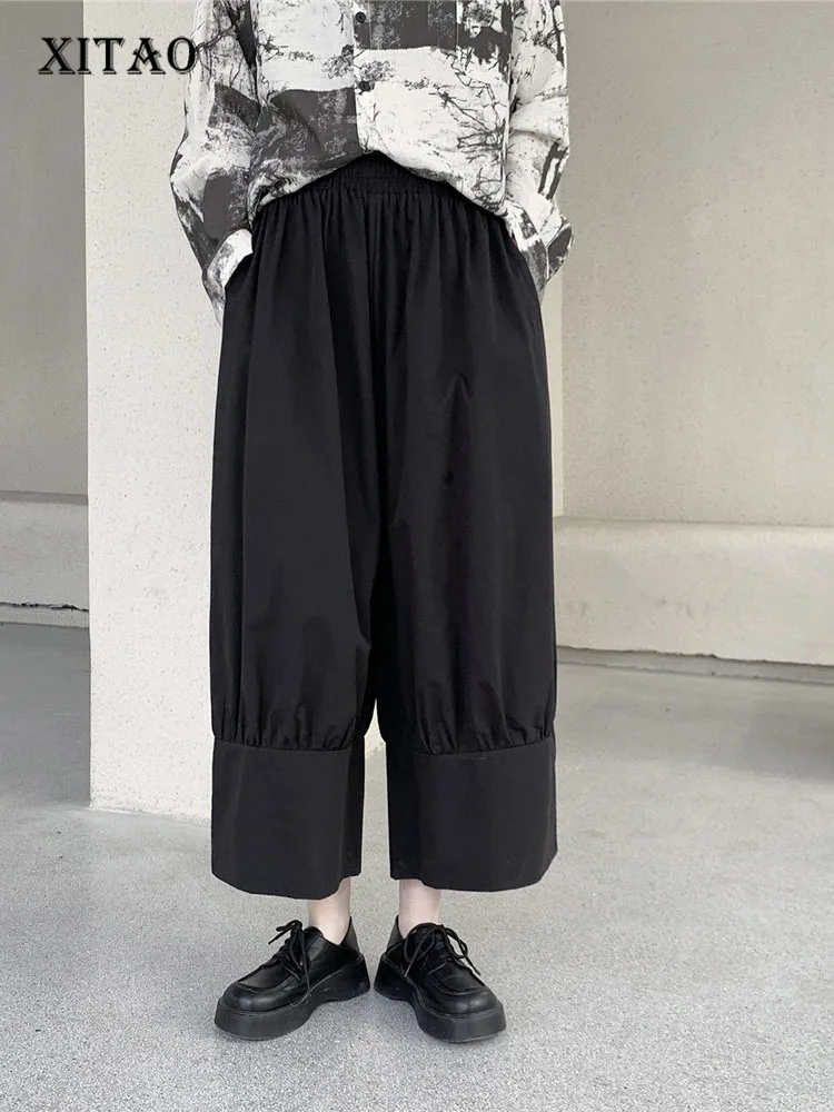 

XITAO Pleated Wide Leg Pants Fashion Pocket Women Elastic Waist Solid Color Small Fresh Causal Style Ankle Length Pants WLD7588