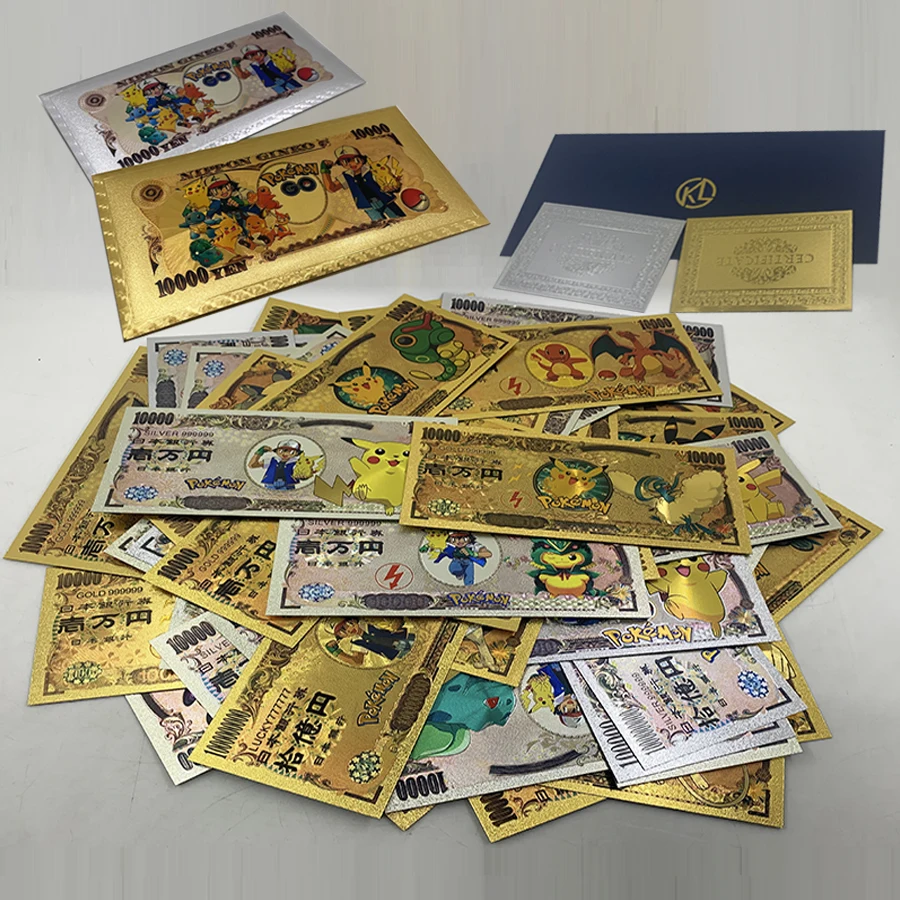 

100 different designs Pokeemon shiny gold/silver foil banknotes in nice envelopes Japan anime metal craft cards
