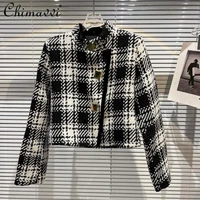 black casual quilted coats 2022 winter metal black white plaid tweed short jacket for women long sleeve oversized overcoat