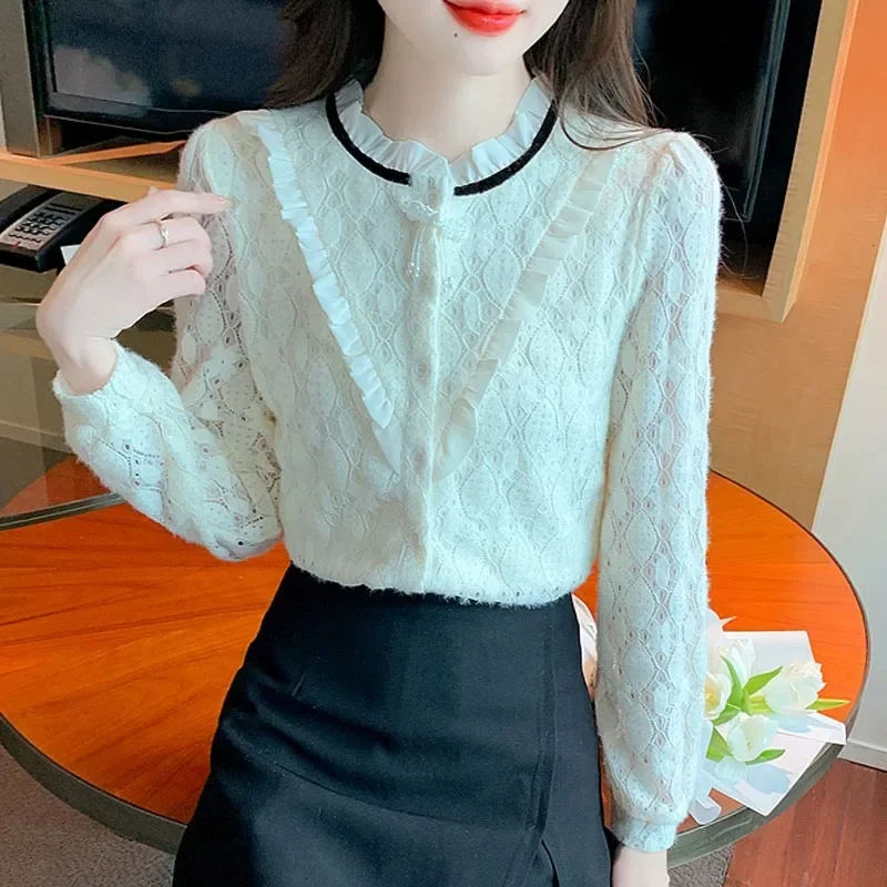 Модная кружевная женская рубашка с рюшами и оборками бархатная утепленная