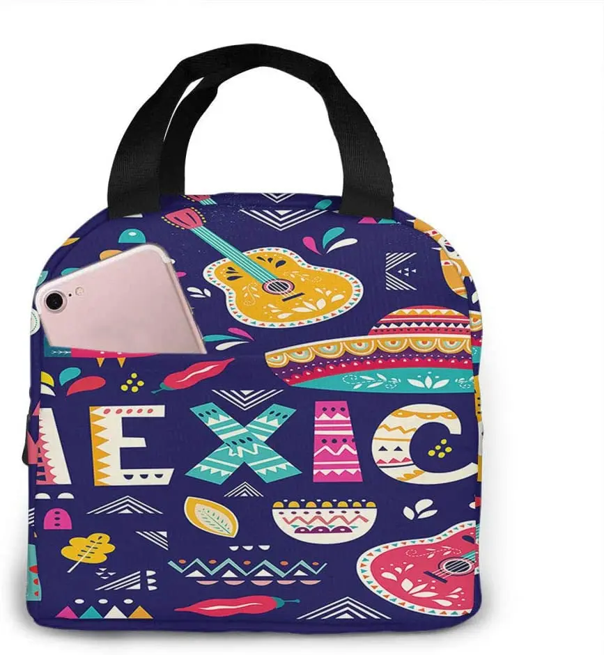 

Mexico Lunch Bag Mexican Ethnic Art Folk Sombrero Music Guitars Bird Flower Rain Tote Bags Reusable Insulated Thermal Lunch Bag