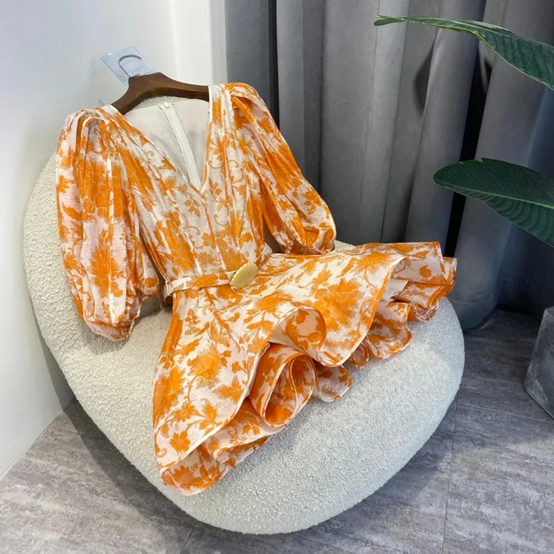 

Мини-платья с ремнем в виде ракушки, весна, Новое поступление, высокое качество, рукав-фонарик, милое платье с оранжевым цветочным принтом и ...