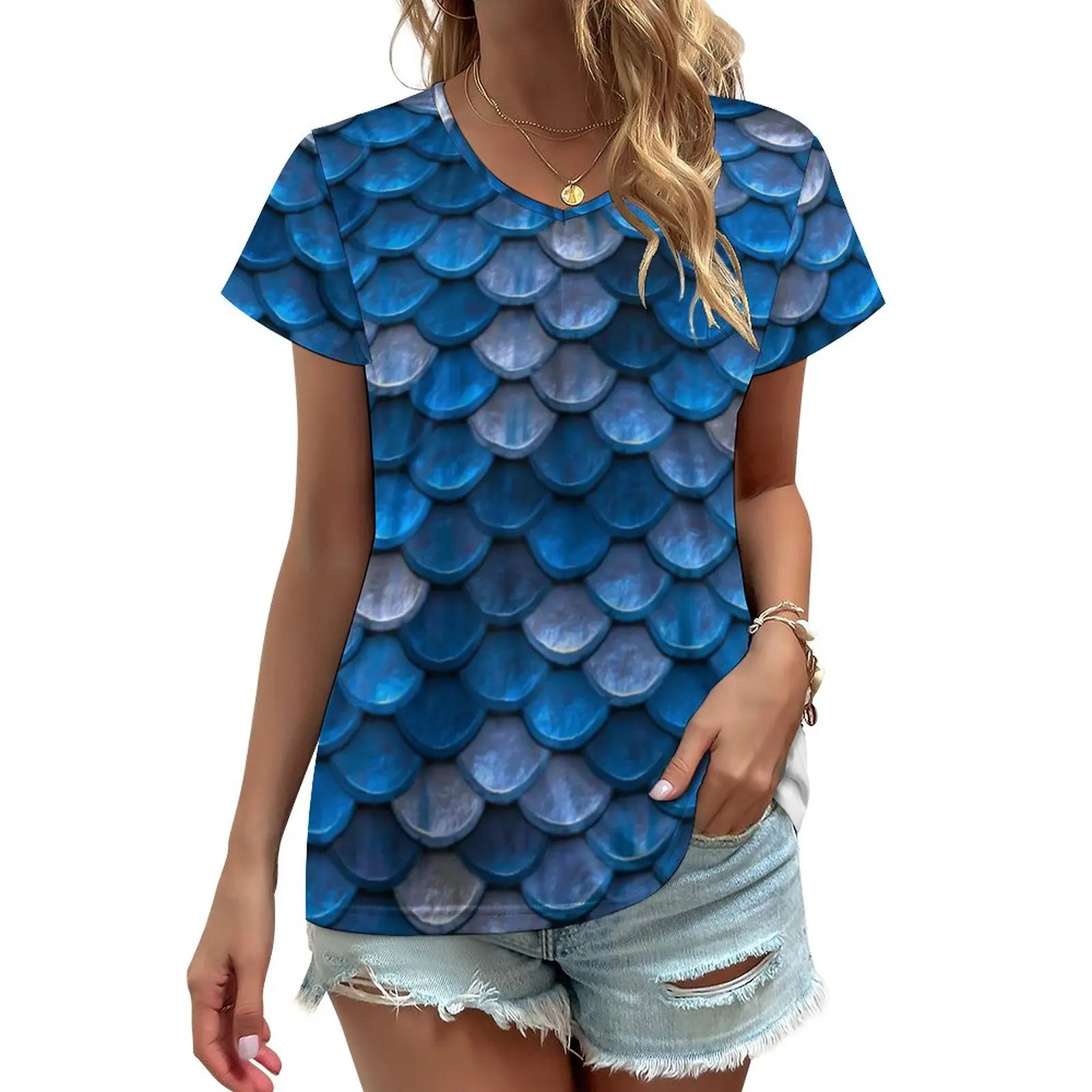 

Blue Silver Mermaid T-Shirt Magical Fish Scales Hip Hop V Neck T Shirts Short-Sleeve Street Wear Tee Shirt Graphic Tops Big Size