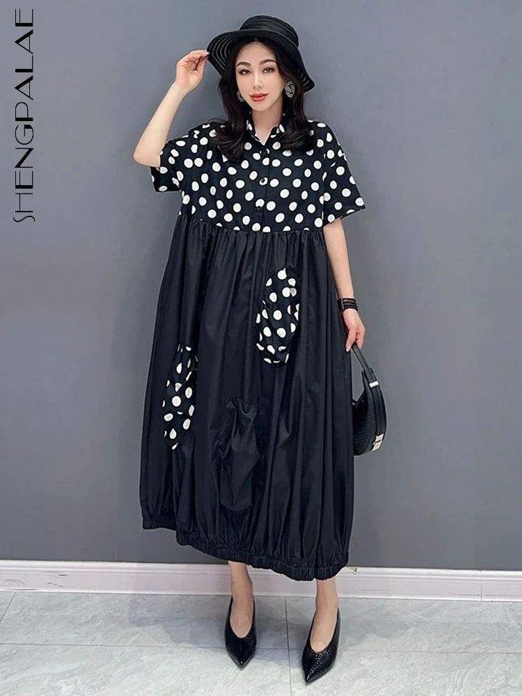 

SHENGPALAE модное корейское платье в горошек, повседневное свободное платье с коротким рукавом, черное платье с отворотом, женская одежда 2023, новая летняя одежда R3495