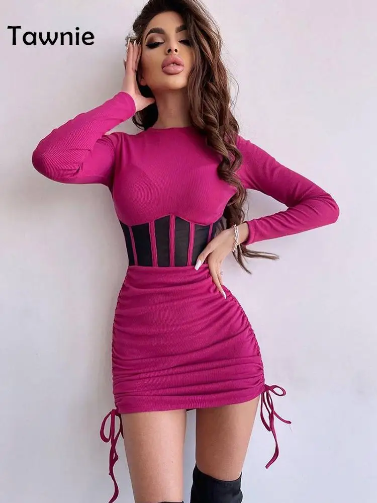 

Женское прозрачное Сетчатое платье Tawnie, модное летнее трикотажное мини-платье с длинным рукавом и лентой, модель 2023 Y2K