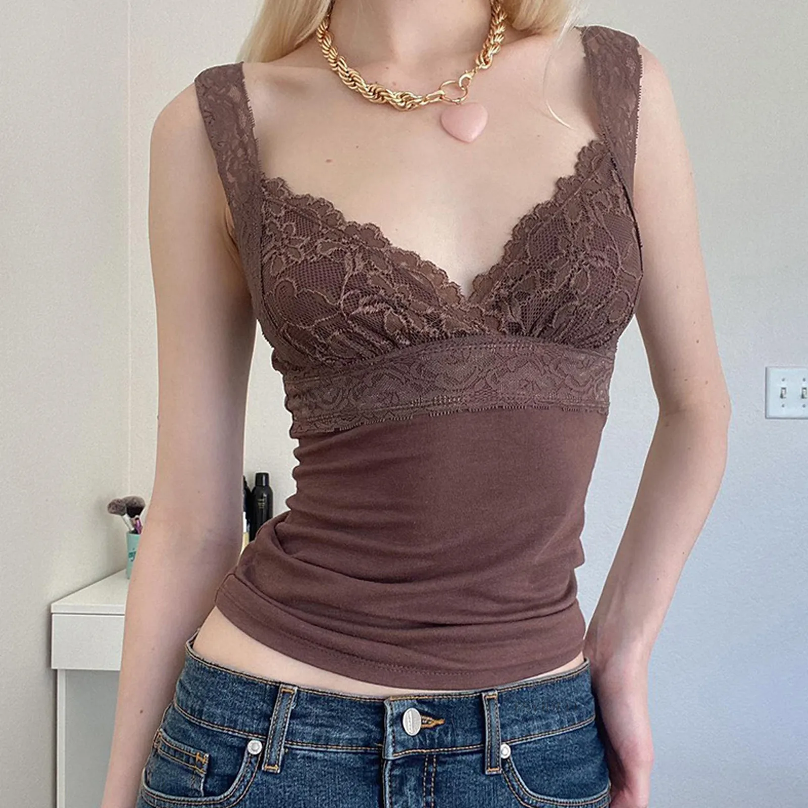 

Sexy Lace Floral y2k Tops Sleeveless V-Neck Tank Tops For Women Streetwear Ladies Vest Haut Femme