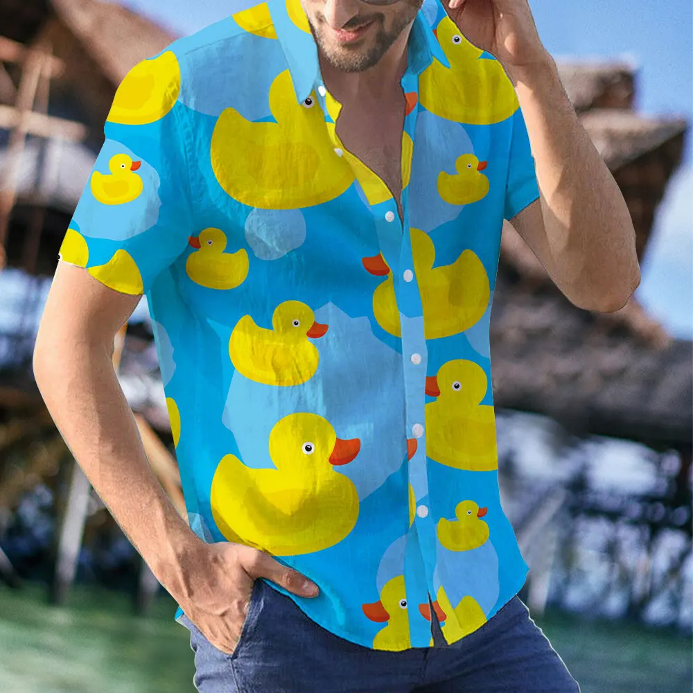 

Men's Stylish And Comfortable Yellow Duck Print T-shirt Beach Lapel Breathable Street Oversized T-shirt Summer Men's Sweatshirt