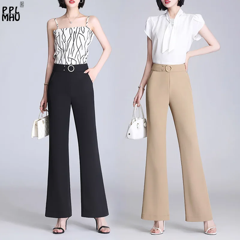 Casual Work OL Elastic High Waist Baggy Trousers Elegant Office Soft Flare Pant Women Spring Summer Big Size Thin Wide Leg Pants
