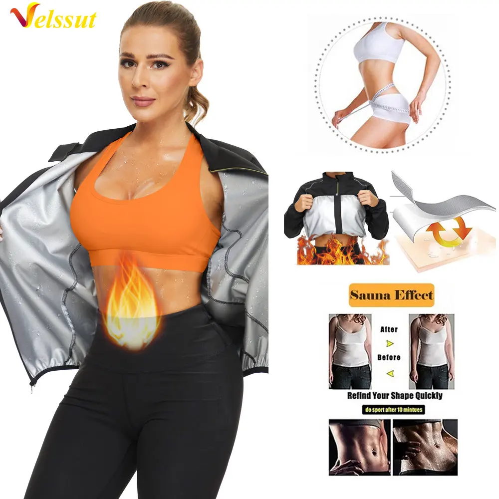 Velssut Sauna Jacket for Women Hot Sweat Top Weight Loss Shirt Fitness Long Sleeve Thermal Sportwear Fat Burner Gym Sport Zipper