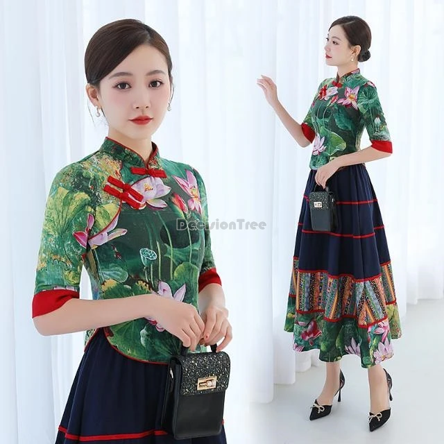 Новинка весна-лето 2024 блузка Ципао в китайском стиле с улучшенным цветочным
