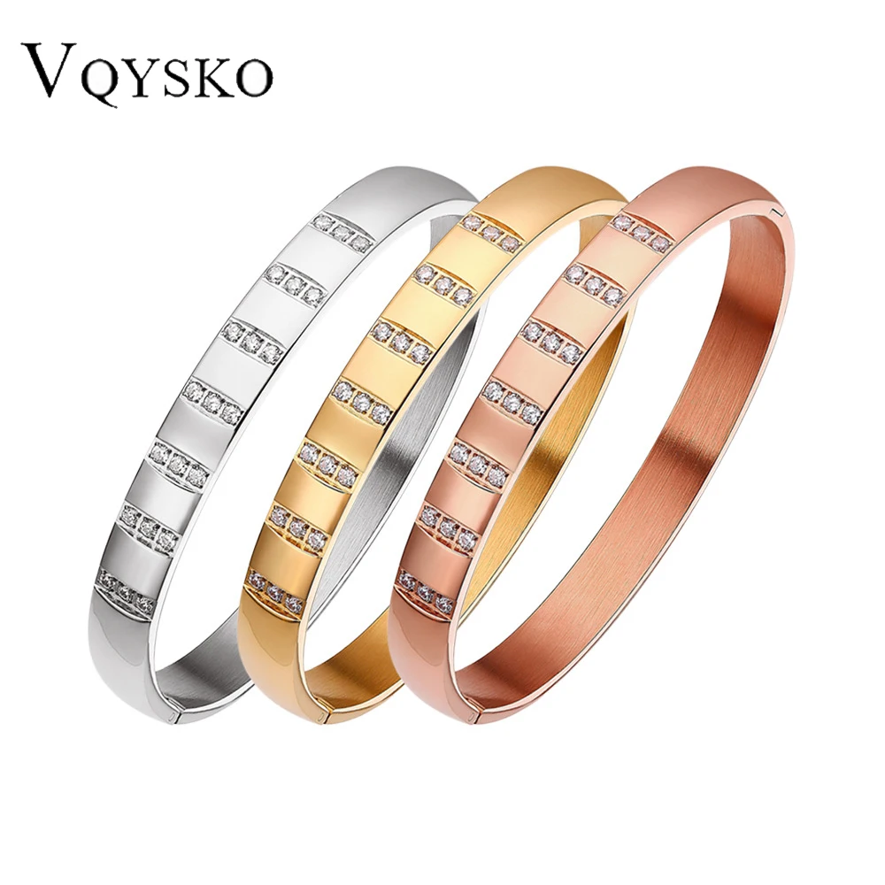 

VQYSKO New Arrival Gold Color Crystal Beaded Bracelet Bangles For Women Simple Femal Opening Bangles Wedding Jewelry Accessories