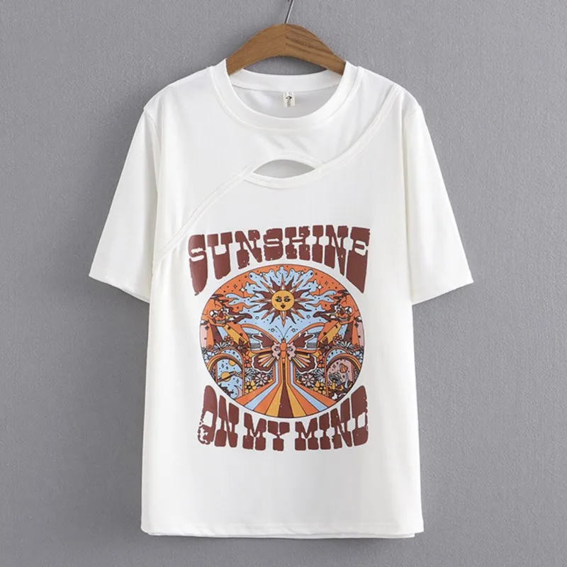 

Plus Size Basic T-Shirt Women 2023 Summer Sunflower Printed O-Neck Tees Hollow Cross Short Sleeve Tops Oversized Curve Clothes