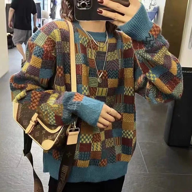 

Vintage Casual Beautiful Color-Block Checkerboard Autumn New Comfortable Long Sleeves Fashion Knitted Loose Pullover Sweater