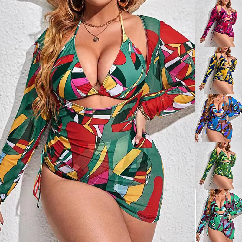 3 Piece Plus Size High Waist Bikini Sets With Long Sleeves Large Size Cover Ups Swimsuit 4XL Halter Size Push Up Bathing Suit