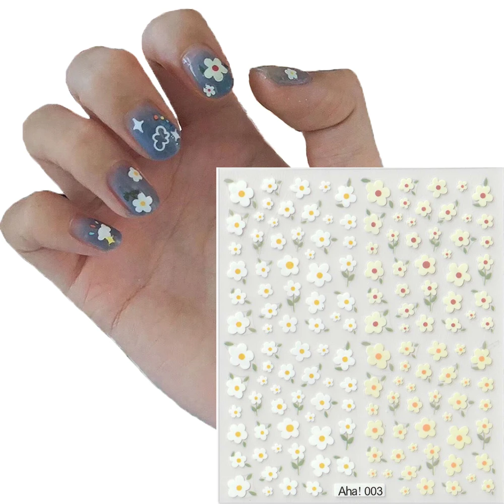 

1Sheet Cute White Flower Nail Art Sticker 3D Kawaii Ultra-Thin Nail Art Decors Yellow Core Floral Manicure Decals Press On Nails