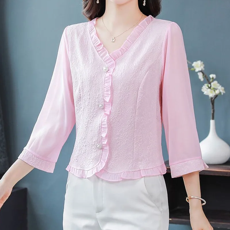 Шифоновая однотонная блузка с рукавом 3/4 летняя новая кружевная свободная