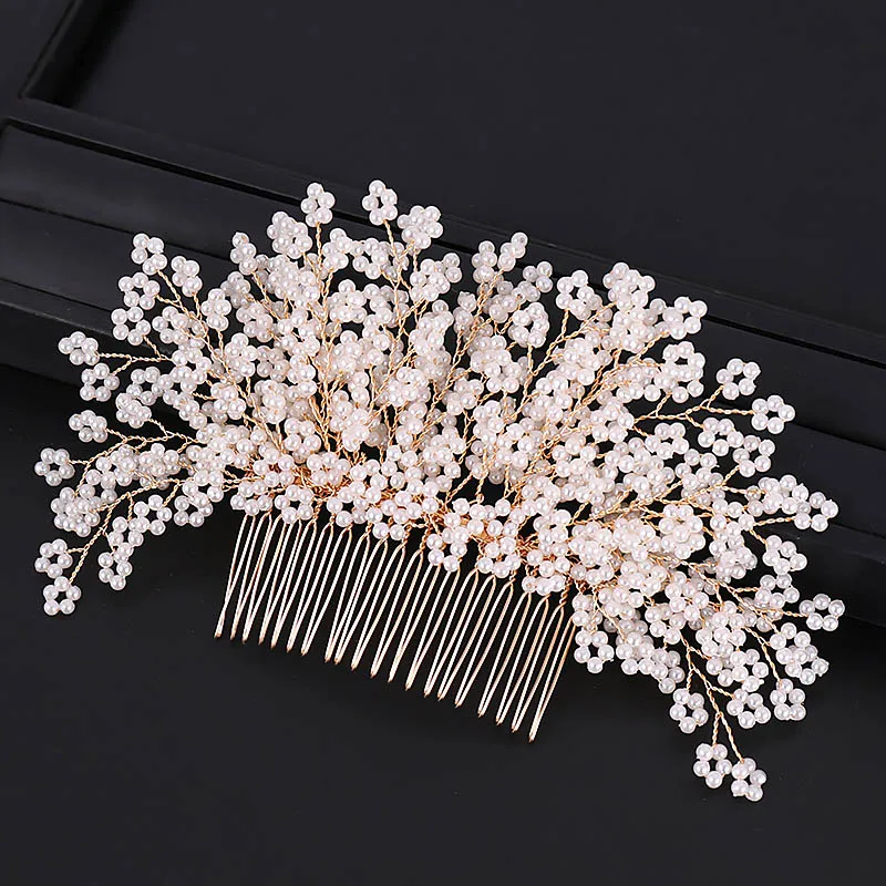 

2023 Gold Women Hair Jewelry Handmade Flower Crystal Imitation Pearl Wedding Hair Accessories Hair Comb Exquisite Headdress
