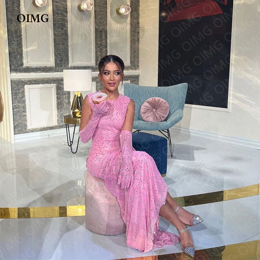 

OIMG Shiny Pink Sleeveless Beach Club Prom Dresses O Neck Sexy Women Formal Night Party Dress Homecoming Gown Dress Vestidos