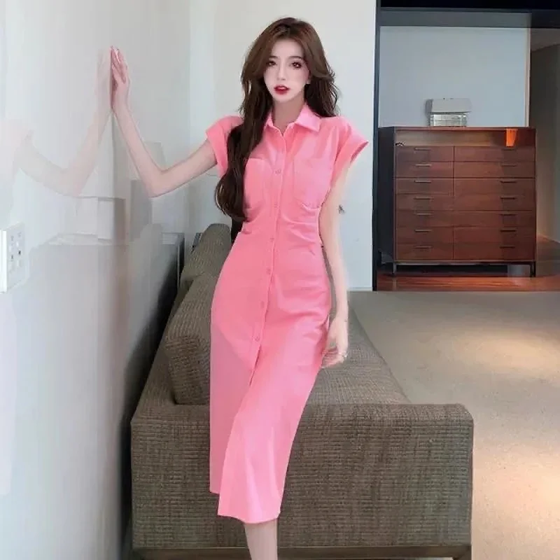 

Summer Korean Fashion Solid Pockets Short Sleeve Y2k Shirt Mid-calf Dress Women Sexy Lapel Button Up Street Party Club Dresses