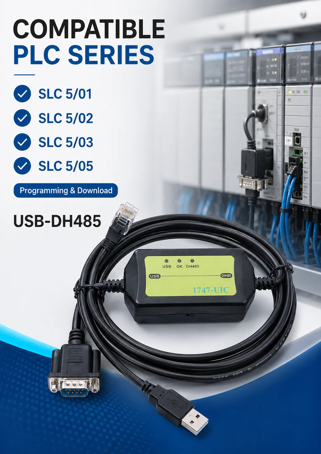 Фото Кабель для программирования ПЛК 1747-UIC USB-DH485, 3-метровый кабель для передачи данных для AB SLC 5/01 5/02 5/03 5/05, стабильная связь №2