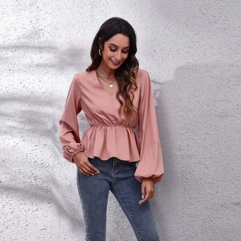 

Lantern Sleeve Women's Blouse Shirt Spring Long Sleeve Solid Fashion Woman Blouses 2022 Ruffles V-Neck Casual Blouses and Shirts