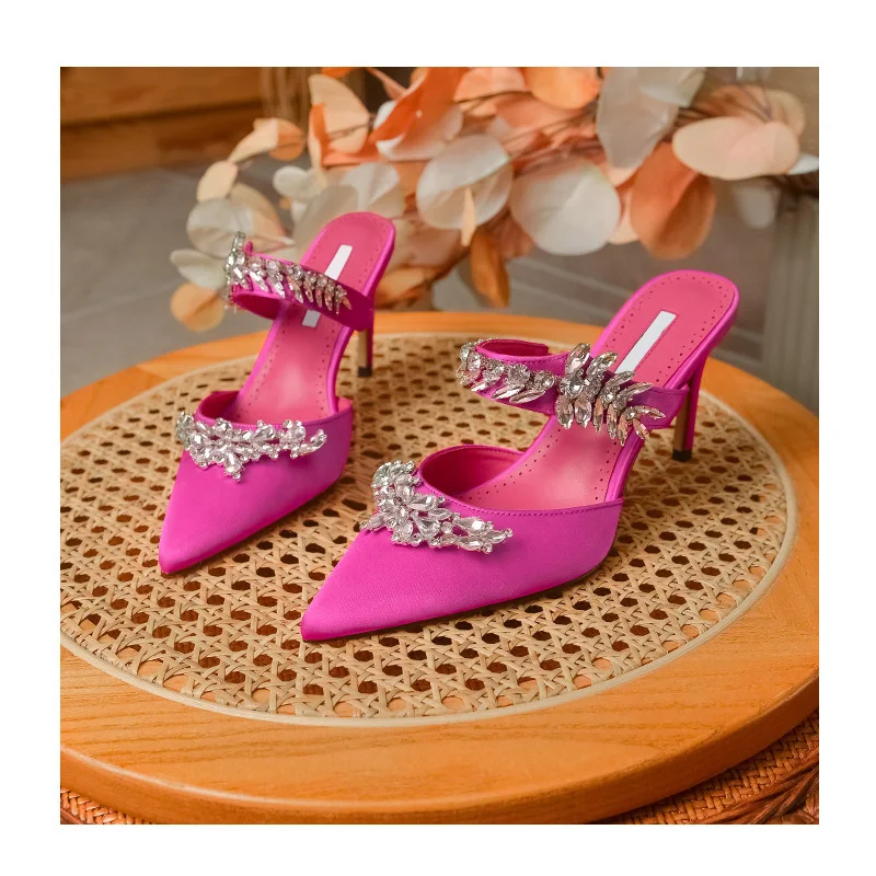 New Mules Shallow Pointed Toe, Black Silk Face Wheat Ear Rhinestones Wedding Parties Casual Fashion Sandals  Heels Women