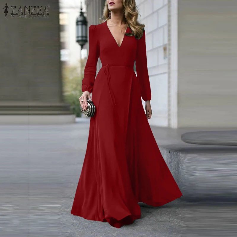 

Party Long Solid Dress ZANZEA Stylish Satin Maxi Sundress Casual High Waist Vestido Robe Women Elegant V Neck Long Sleeve Dress