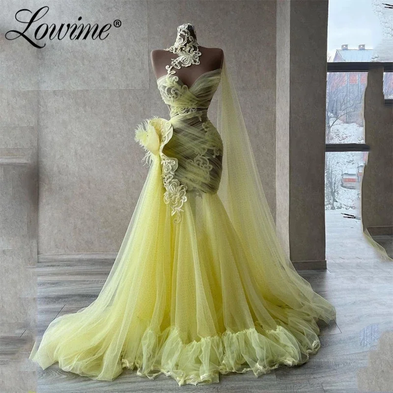 

Lowime Yellow Illusion Mermaid Evening Dress See Thru Women Long Party Gowns For Wedding 2022 Couture Celebrity Dresses Robes