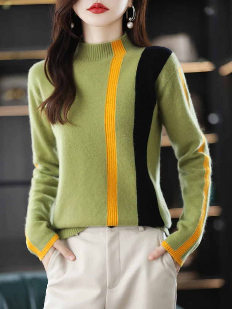 

2023 Autumn And Winter New Women's Half Turtleneck Vertical Stripes Colorblock Knitted Pullover 100% Merino Wool Sweater Casual
