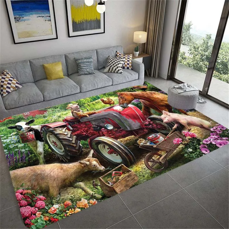 

Farm-Truck Cartoon Painting Carpet Farmer Tractor Christmas Red Truck Rug Living Room Bedroom Large Rug Pig Dog Cow Animal Mat
