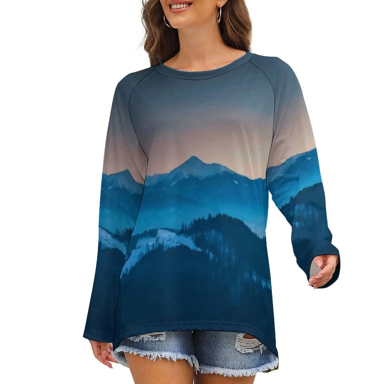 

Foggy Mountains Panorama T Shirt Nature Landscape Cute Long Sleeve T-Shirts Female Street Fashion Tshirt Oversized Gift Idea