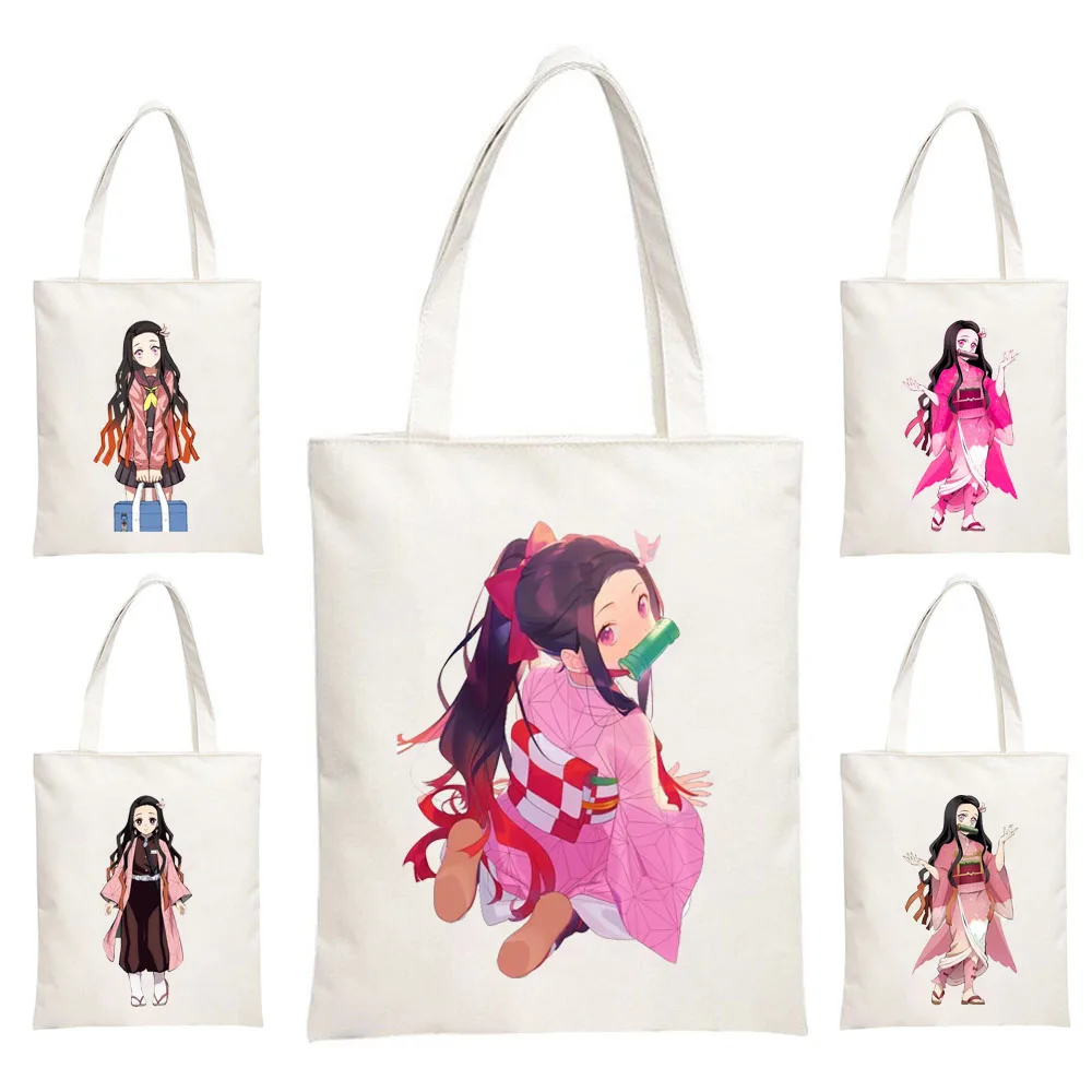 

Kamado Tanjirou Nezuko Demon Slayer Japan Anime Kimetsu No Yaiba Cartoon Tote Bags Women Canvas Shoulder Shopper Bag