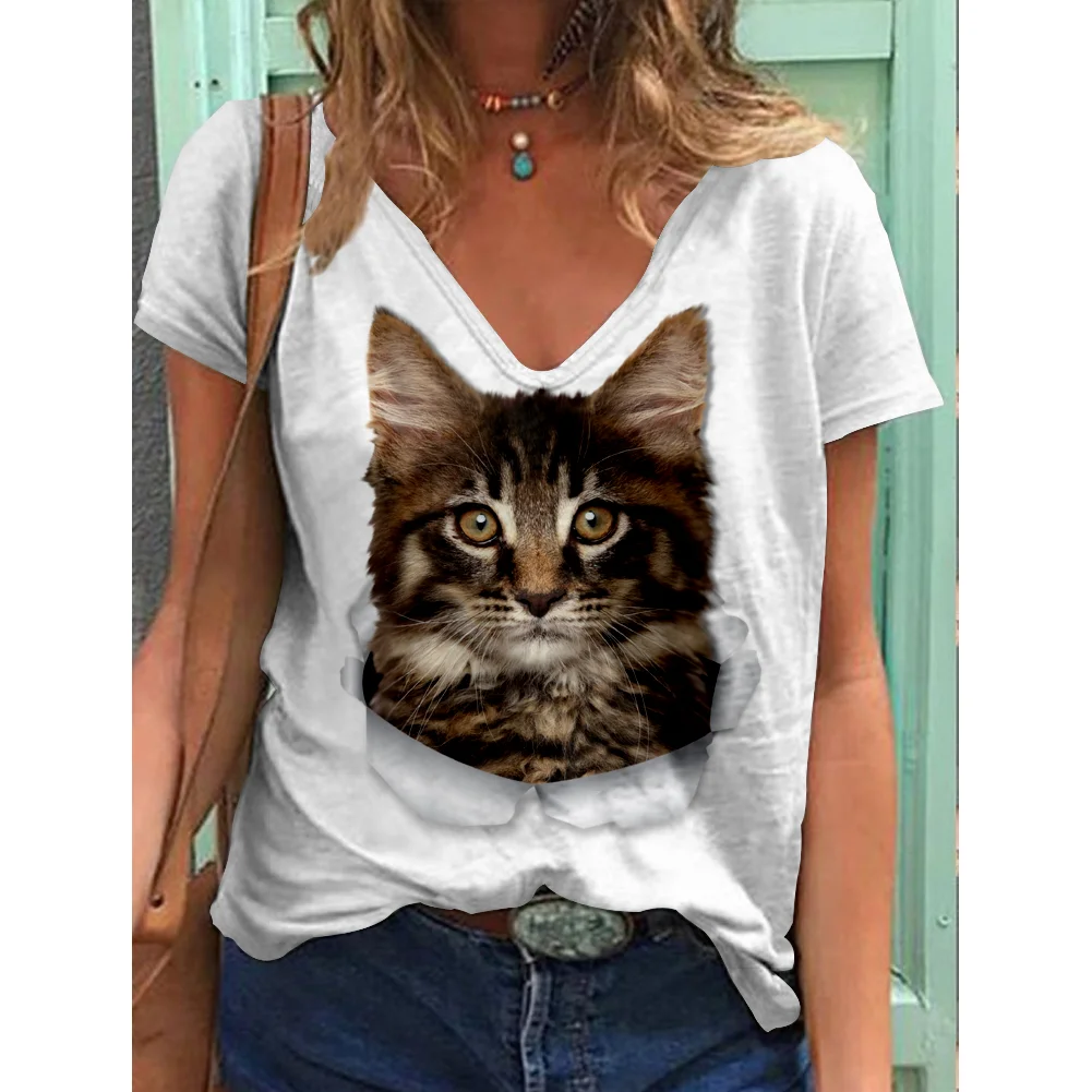 

2022 new summer leisure outdoor loose and breathable women's T-shirt short sleeve V-neck T-shirt 3D printed clothing street