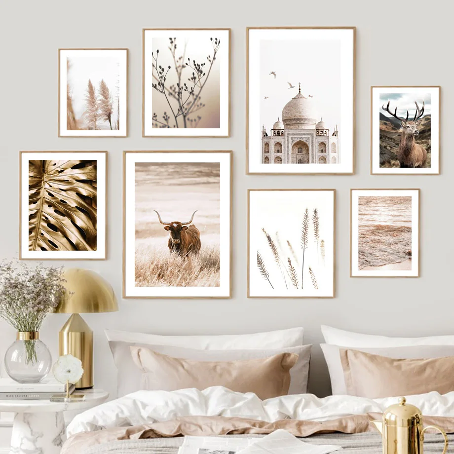

Beige Landscape Reindeer Reed Monstera Castle Wall Art Canvas Painting Nordic Posters And Prints Wall Pictures For Living Room