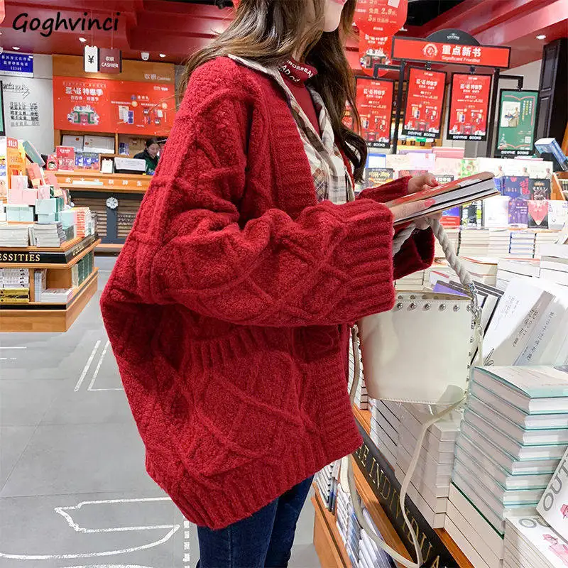 

Women Sweaters Winter Cardigans Knitting Rhombus Horn Buckle Thick Loose All-match Students Autumn Korean Style Elegant Ulzzang