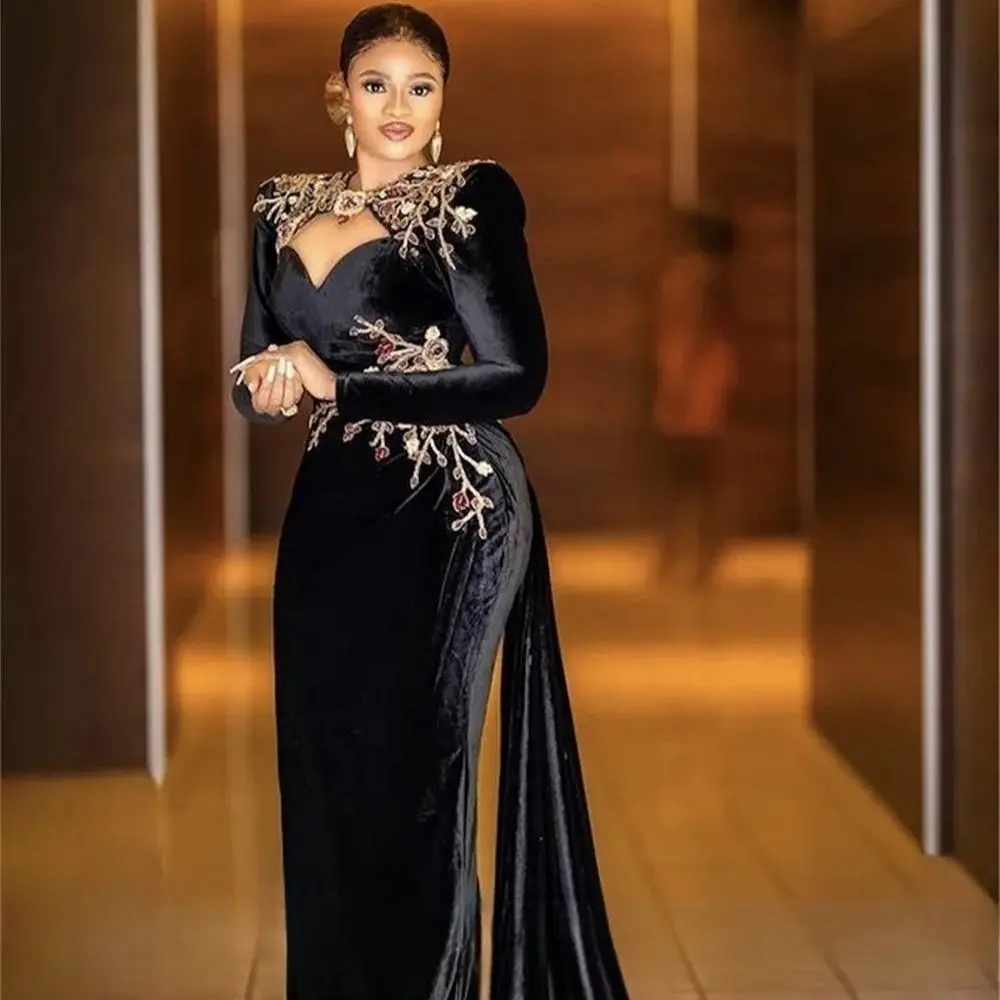 

Black Velvet African Mermaid Evening Dresses With Beaded Crystal Two Pieces O Neck Plus Size Prom Gowns For Vestidos De Gala