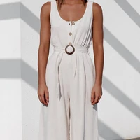 women elegant high waist 2021 summer casual overalls ladies sleeveless solid jumpsuits with sashes wide leg rompers for female