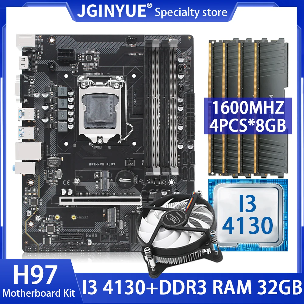 

Комплект материнской платы JGINYUE H97 LGA1150 с процессором Intel I3 4130 4 шт. * 8 ГБ DDR3 1600 МГц ОЗУ память поддержка процессора H97 VH PLUS