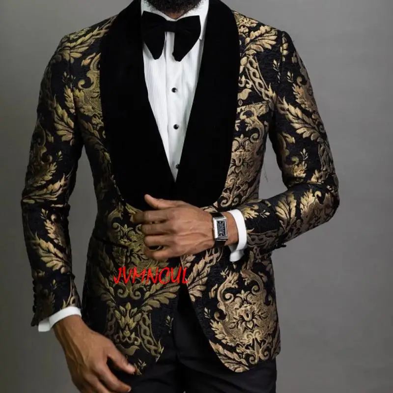 

Costume Homme Fashion 2 Piece Black Floral Jacquard Prom Men Suits Slim fit with Velvet Shawl Lapel Wedding Groom Tuxedo Blazer
