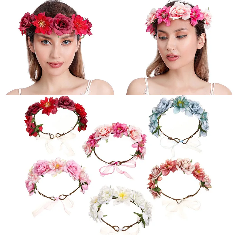 

Bridal Girl Rose Flower Crown Headband Wedding Headpiece Hair Band Accessories for Women Artificial Wreaths Garland Bridesmaid