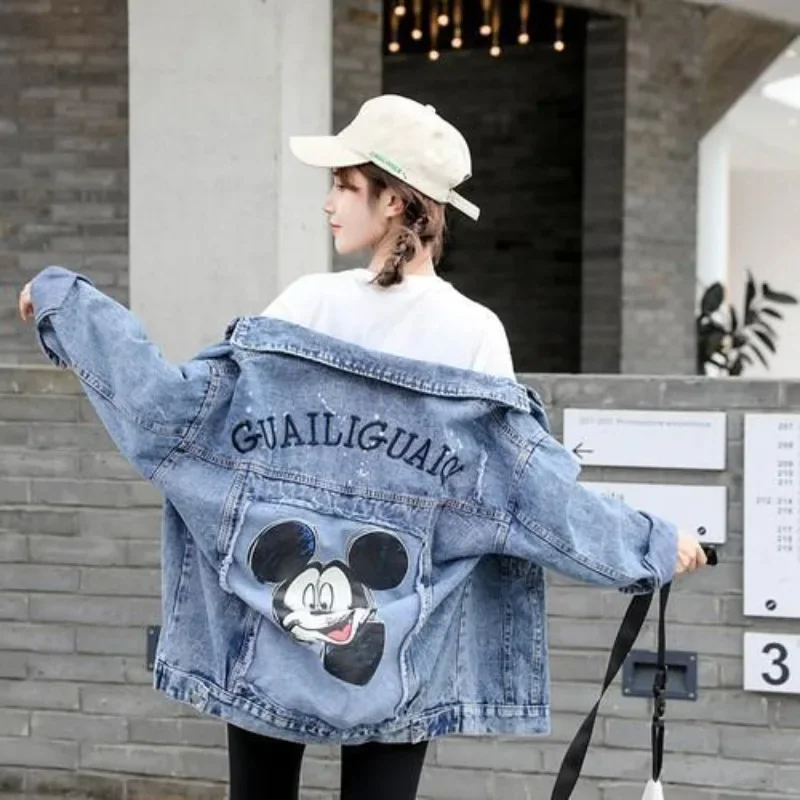 

Осенняя джинсовая куртка для женщин, новый топ с вышивкой и мультяшным Микки Маусом в стиле пэчворк для женщин, свободная повседневная одежда в Корейском стиле