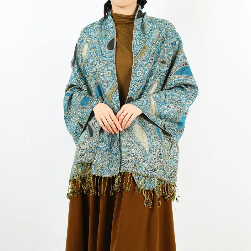 Жаккардовый шарф в стиле бохе с узором пейсли осень-зима теплая пашмина
