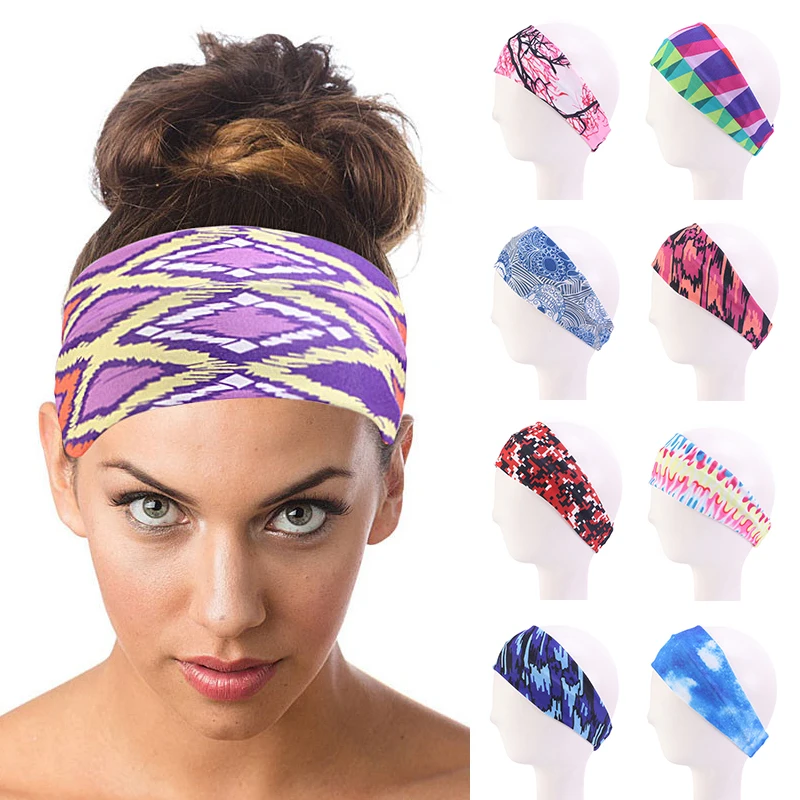 

Vintage Bohemian Wide Headband Sweat Absorption Fitness Yoga Headscarf Girls Hairbands Elastic Turban Headwrap Women Bandage