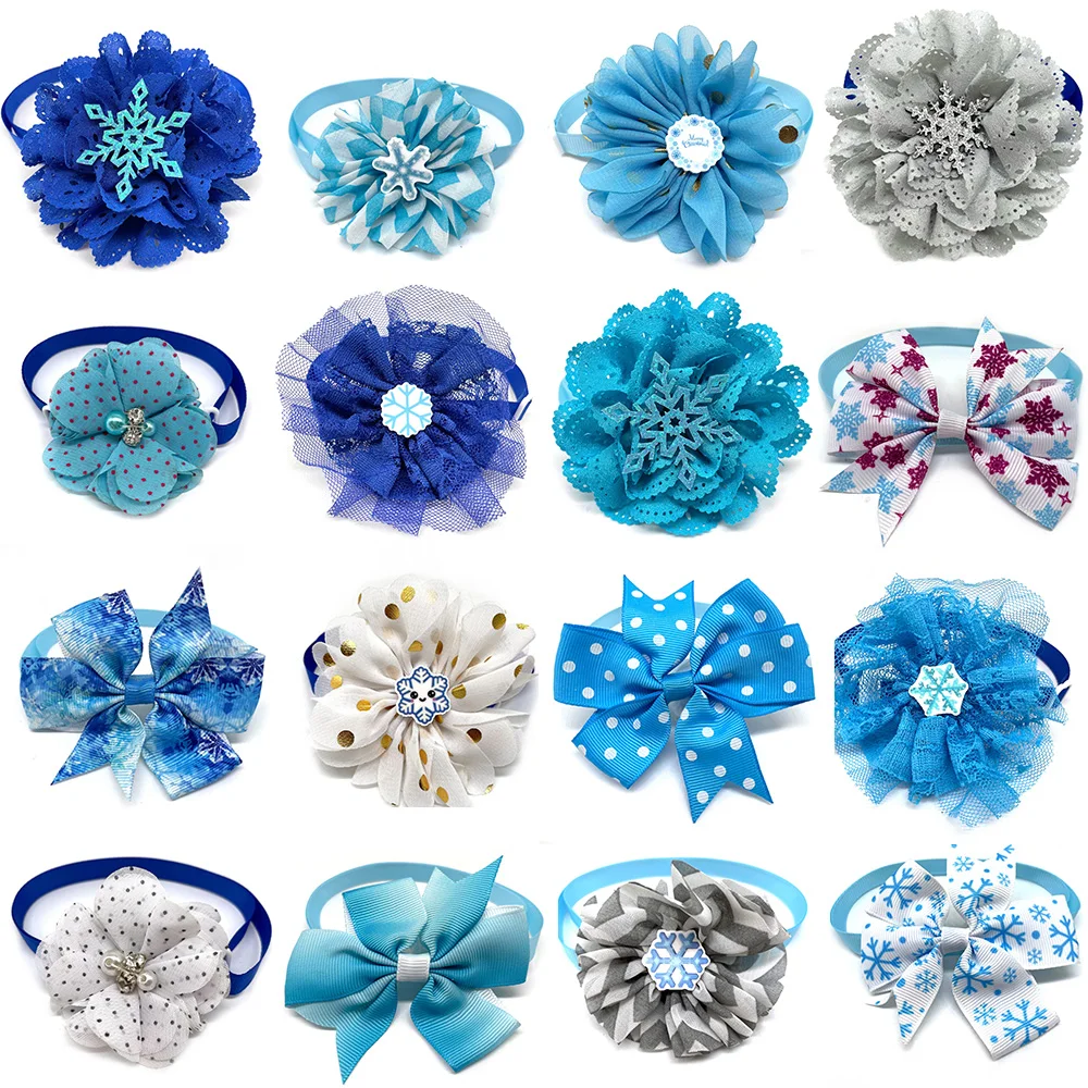 

50/100pcs Winter Pet Products Dog Bow Ties Snowflake Style Dogs Bowties Bowknot for Small Medium Dog Cat Bow Ties Blue Necktie