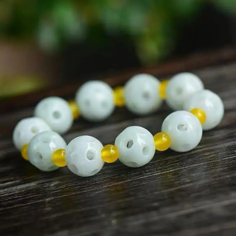 

Natural Jadeite Myanmar Jades Hollow Round Beads Elastic Beaded Bracelet Bangle Men Women Burma Jade Bangle Amulet Bracelets