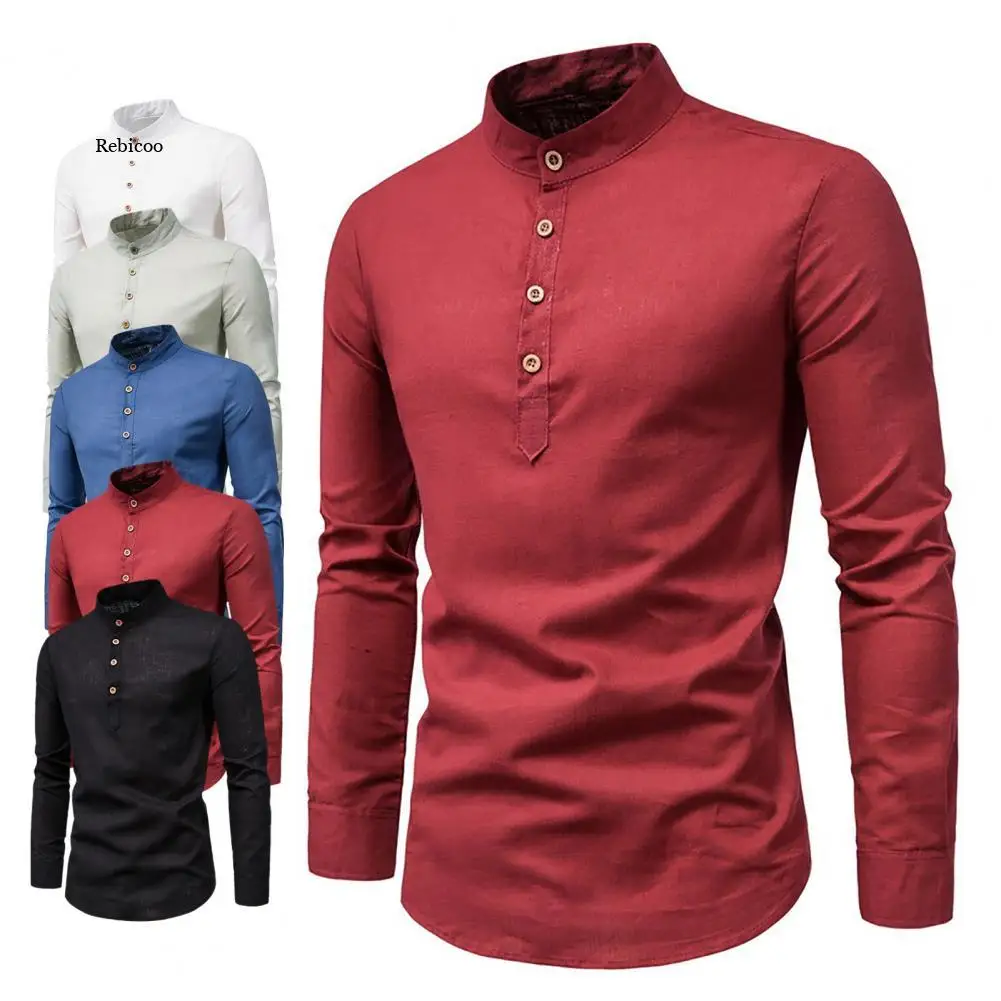

Мужская деловая рубашка с воротником-стойкой, приталенный деловой дышащий Топ для работы, хлопковая Однотонная рубашка с длинными рукавами, Осень-зима