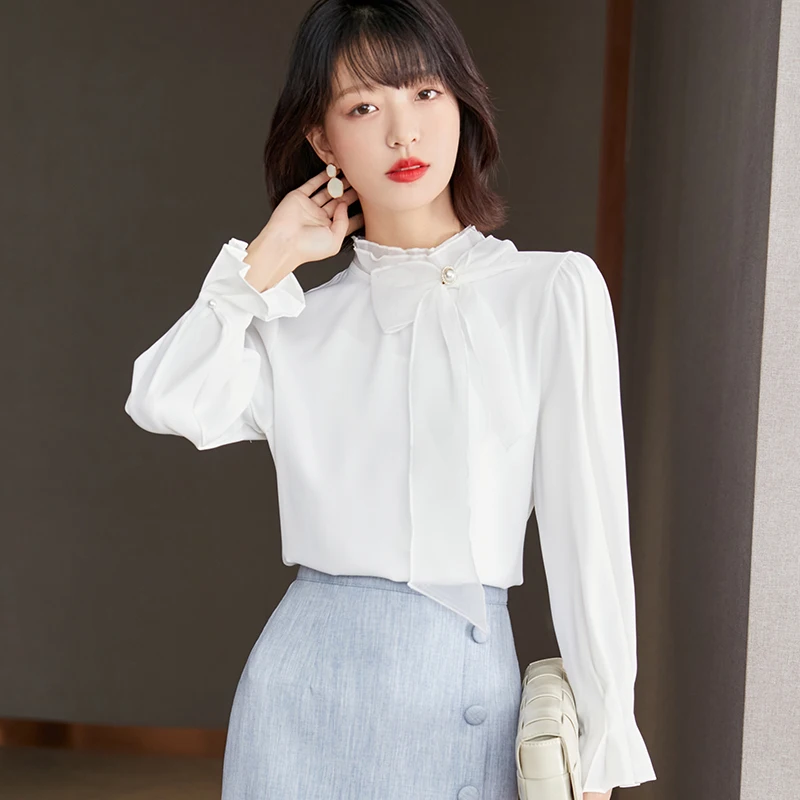 

Chiffon Women's Blouses Summer 2022 Solid Long Butterfly Sleeve Shirts Fashion Bow Loose Korean Ruffles Top New Casual Clothing