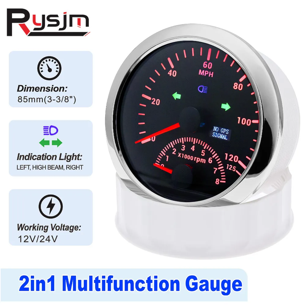 Фото Новый 85 мм GPS спидометр 0-125MPH с тахометром 0-8000RPM 125KMH 200KMH измеритель скорости красная подсветка для лодки автомобиля 9-32V №1
